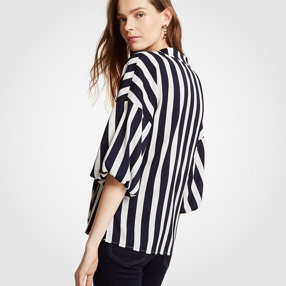 Stripe Tie Neck Puff Sleeve Blouse